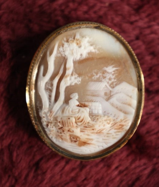 Lot 054 - Antique Cameo Brooch Depicting Wooden Sitting Beneath Tree On Farm, Hill, Nice Setting, Pinback, Note Repaired Crack In Cameo