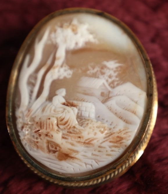 Lot 054 - Antique Cameo Brooch Depicting Wooden Sitting Beneath Tree On Farm, Hill, Nice Setting, Pinback, Note Repaired Crack In Cameo