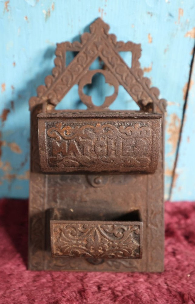 Lot 058 - Antique Cast Iron Two Tier Match Safe With Hinged Lid, Wall Hanger