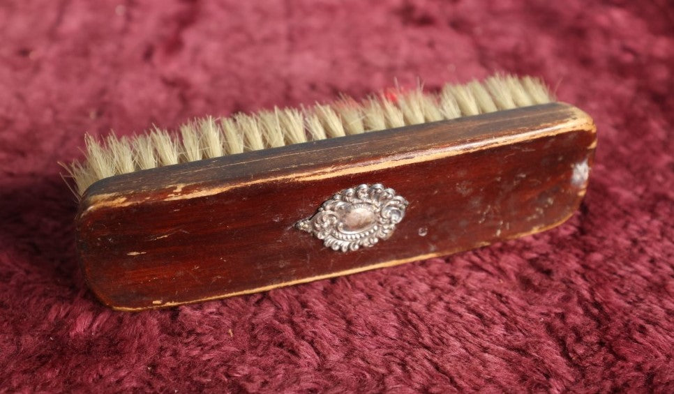 Lot 059 - Antique Wooden Dresser Brush With Sterling Silver Pendant Badge Decoration, Marked Sterling