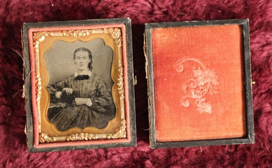 Lot 061 - Antique 1/9th Plate Tintype Of Woman Holding Object, In Full Leatherette Union Case, Separated Cover