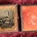 Lot 061 - Antique 1/9th Plate Tintype Of Woman Holding Object, In Full Leatherette Union Case, Separated Cover