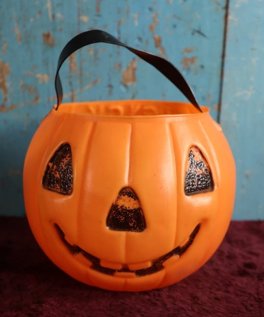 Lot 070 - Vintage Halloween Trick Or Treat Jack-O-Lantern Pumpkin Blow Mold Candy Bucket, A.J. Renzi Corporation, Leominster, Massachusetts, With Halloween Cat And Pumpkin Design