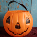 Lot 070 - Vintage Halloween Trick Or Treat Jack-O-Lantern Pumpkin Blow Mold Candy Bucket, A.J. Renzi Corporation, Leominster, Massachusetts, With Halloween Cat And Pumpkin Design