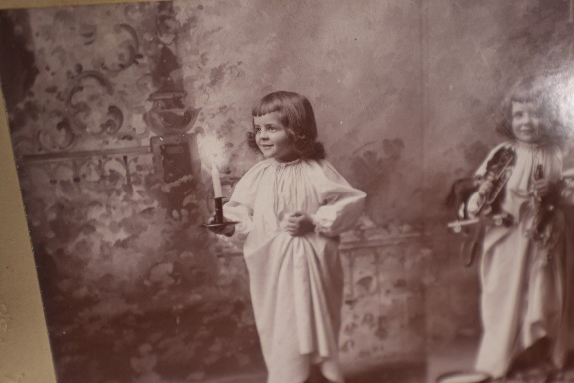 Lot 074 - Antique Double Exposure Cabinet Card Photograph Of Little Girl On Christmas Eve And Christmas Morning, W.E. Davis Photographer, Waterloo, New York