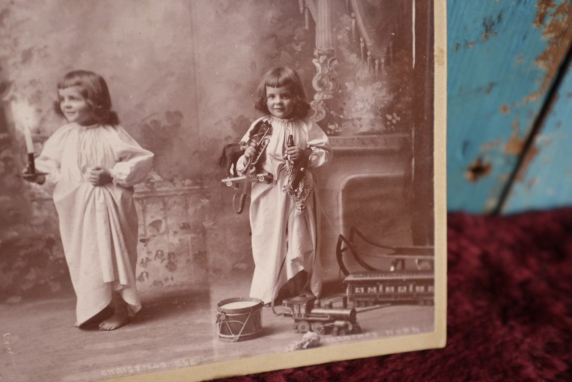 Lot 074 - Antique Double Exposure Cabinet Card Photograph Of Little Girl On Christmas Eve And Christmas Morning, W.E. Davis Photographer, Waterloo, New York