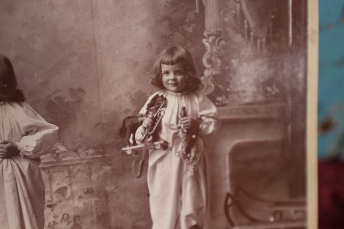 Lot 074 - Antique Double Exposure Cabinet Card Photograph Of Little Girl On Christmas Eve And Christmas Morning, W.E. Davis Photographer, Waterloo, New York