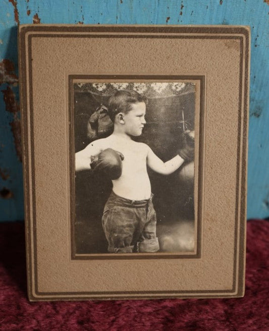 Lot 076 - Small Antique Boarded Photo Of Little Boy In Boxing Gloves