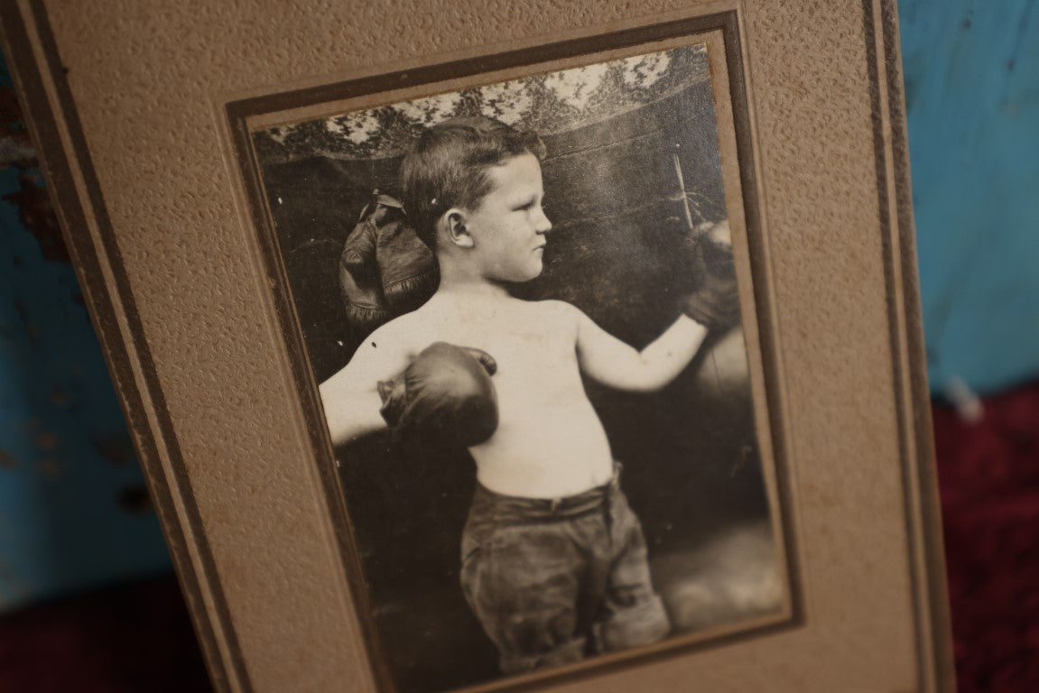 Lot 076 - Small Antique Boarded Photo Of Little Boy In Boxing Gloves