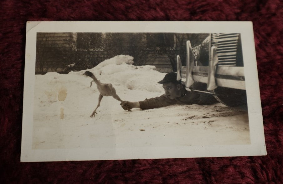 Lot 079 - Wacky Vintage Snap Shot Photo Of Kid Laying Behind Car, Catching A Featherless Chicken Running Away By The Leg, Dated February 1943