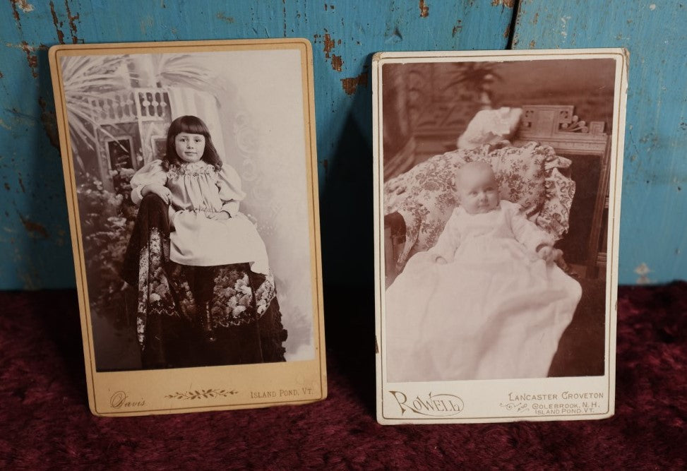 Lot 080 - Pair Of Antique Cabinet Card Photos - Young Girl, Island Pond Vermont, And Baby In Chair, New Hampshire And Vermont