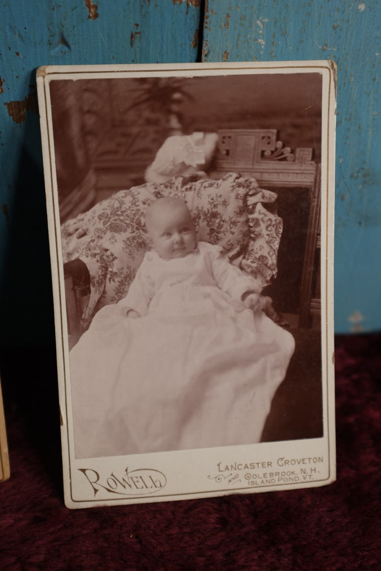 Lot 080 - Pair Of Antique Cabinet Card Photos - Young Girl, Island Pond Vermont, And Baby In Chair, New Hampshire And Vermont