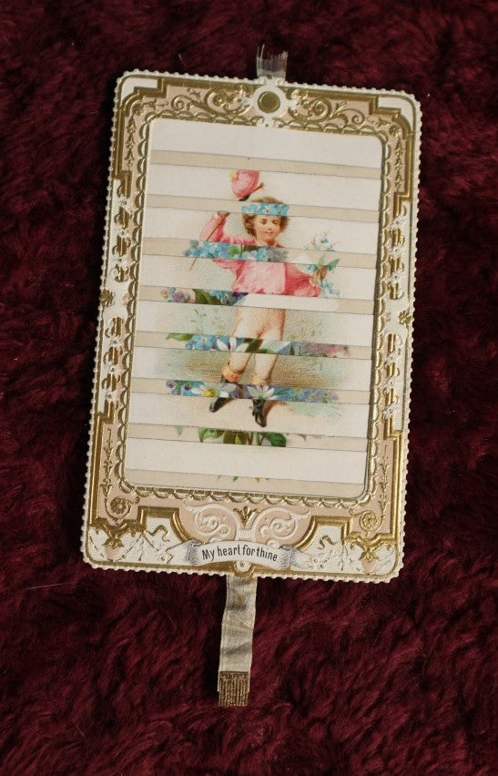 Lot 083 - Antique Mechanical Valentine, My Heart For Thine, Pulling Ribbon Changes Image, Note Damage To Ribbon, Very Fragile