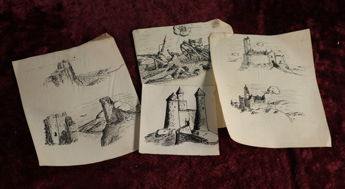 Lot 090 - Grouping Of Four Loose Antique Pen And Ink Drawings On Paper Of Castles, Battle, Attributed To M.E.B., Unknown Artist