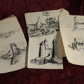 Lot 090 - Grouping Of Four Loose Antique Pen And Ink Drawings On Paper Of Castles, Battle, Attributed To M.E.B., Unknown Artist