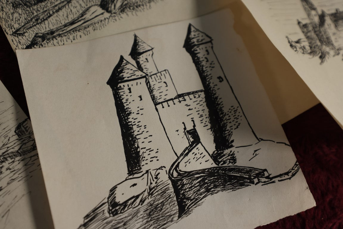 Lot 090 - Grouping Of Four Loose Antique Pen And Ink Drawings On Paper Of Castles, Battle, Attributed To M.E.B., Unknown Artist