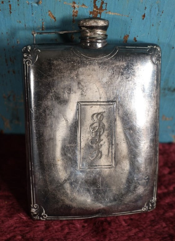 Lot 109 - Antique Silver Plate Hip Flask With Screw Top, Monogrammed, Note Dents, Etc