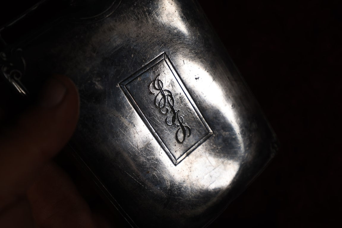 Lot 109 - Antique Silver Plate Hip Flask With Screw Top, Monogrammed, Note Dents, Etc