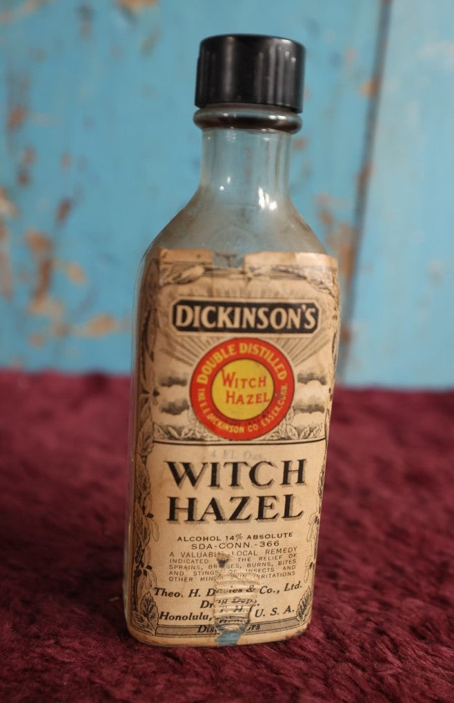 Lot 129 - Antique Dickinson's Double Distilled Witch Hazel Glass Bottle With Paper Label, Honolulu, Hawaii