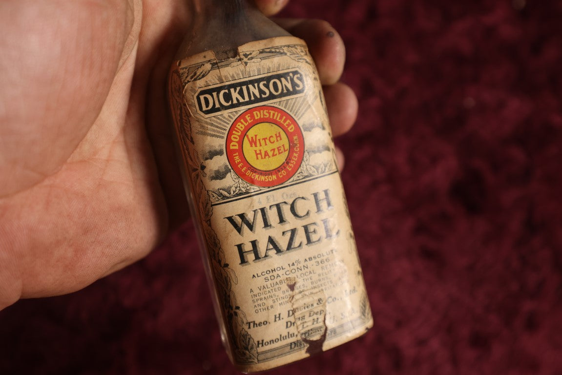 Lot 129 - Antique Dickinson's Double Distilled Witch Hazel Glass Bottle With Paper Label, Honolulu, Hawaii