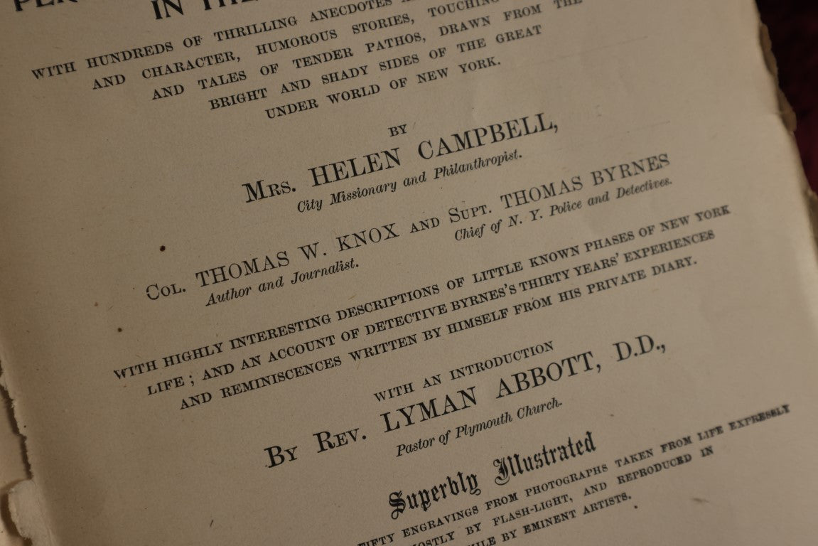 Lot 140 - Darkness And Daylight Or Lights And Shadows Of New York Life By Mrs. Helen Campbell - 1898 Book, Extremely Poor Condition, Many Interesting Illustrations