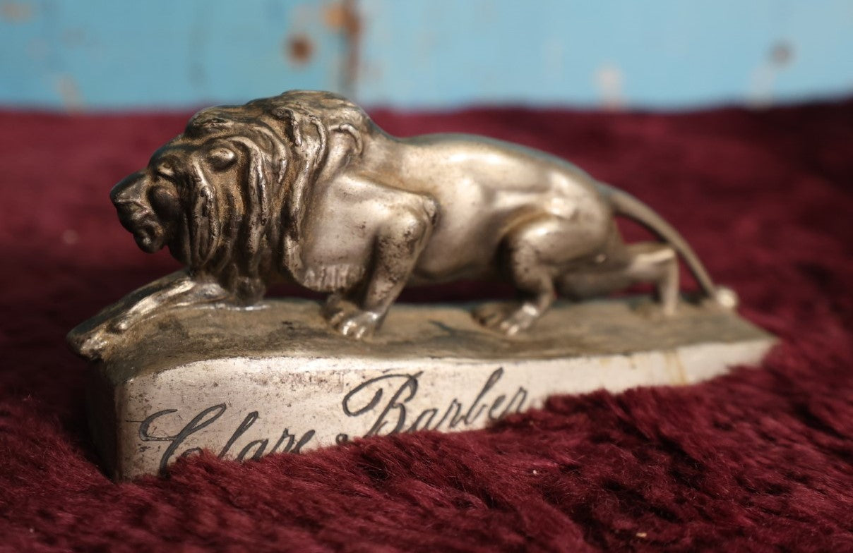 Lot 170 - Antique Lion Statue, Metal, Heavy, Engraved With Name Clare Barber