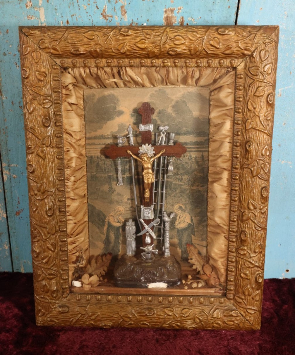 Lot 020 - Antique Thy Kingdom Come Religious Shadow Box, Jesus Christ Crucifixion, Weapons Of Christ, With Glass, Chipped Chalkware