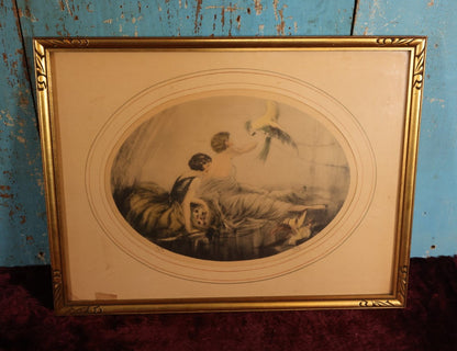 Lot 024 - Antique French Print "Pet," Ladies With Parrot, In Frame, Art Deco, Signed Cote