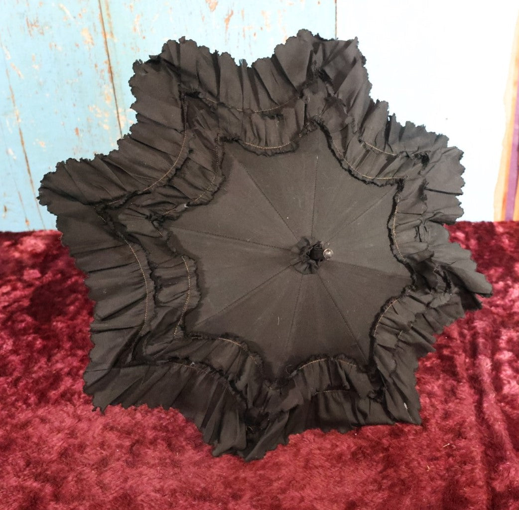 Lot 027 - Victorian Mourning Parasol Sun Umbrella With Collapsible Handle, Ruffles, Engraved Handle, Good Condition