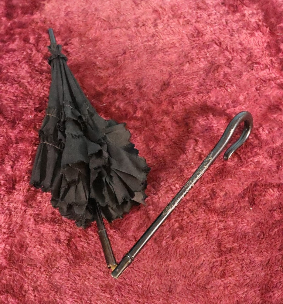 Lot 027 - Victorian Mourning Parasol Sun Umbrella With Collapsible Handle, Ruffles, Engraved Handle, Good Condition