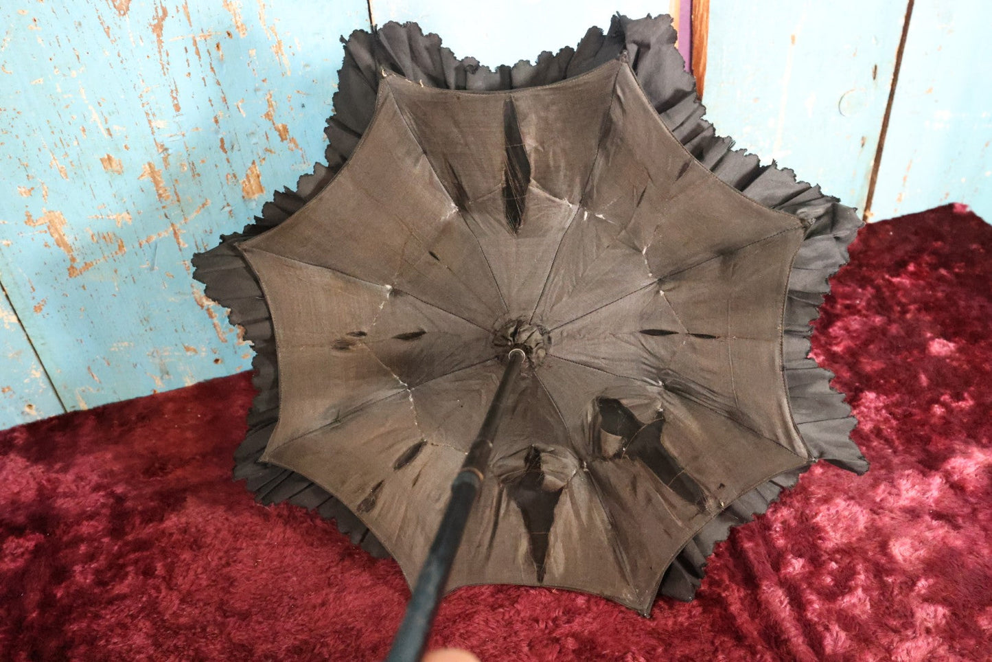 Lot 027 - Victorian Mourning Parasol Sun Umbrella With Collapsible Handle, Ruffles, Engraved Handle, Good Condition