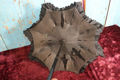 Lot 027 - Victorian Mourning Parasol Sun Umbrella With Collapsible Handle, Ruffles, Engraved Handle, Good Condition