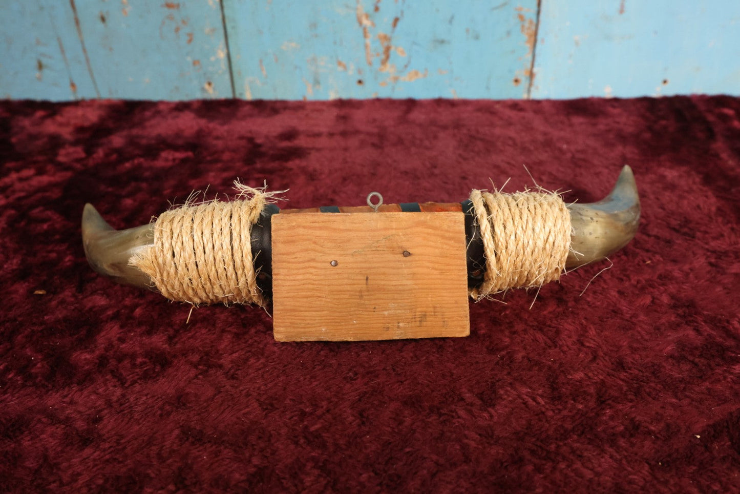 Lot 038 - Vintage Bull / Steer Horn Mount With Rope And Leather, Mounted To Board, Wall Hanger