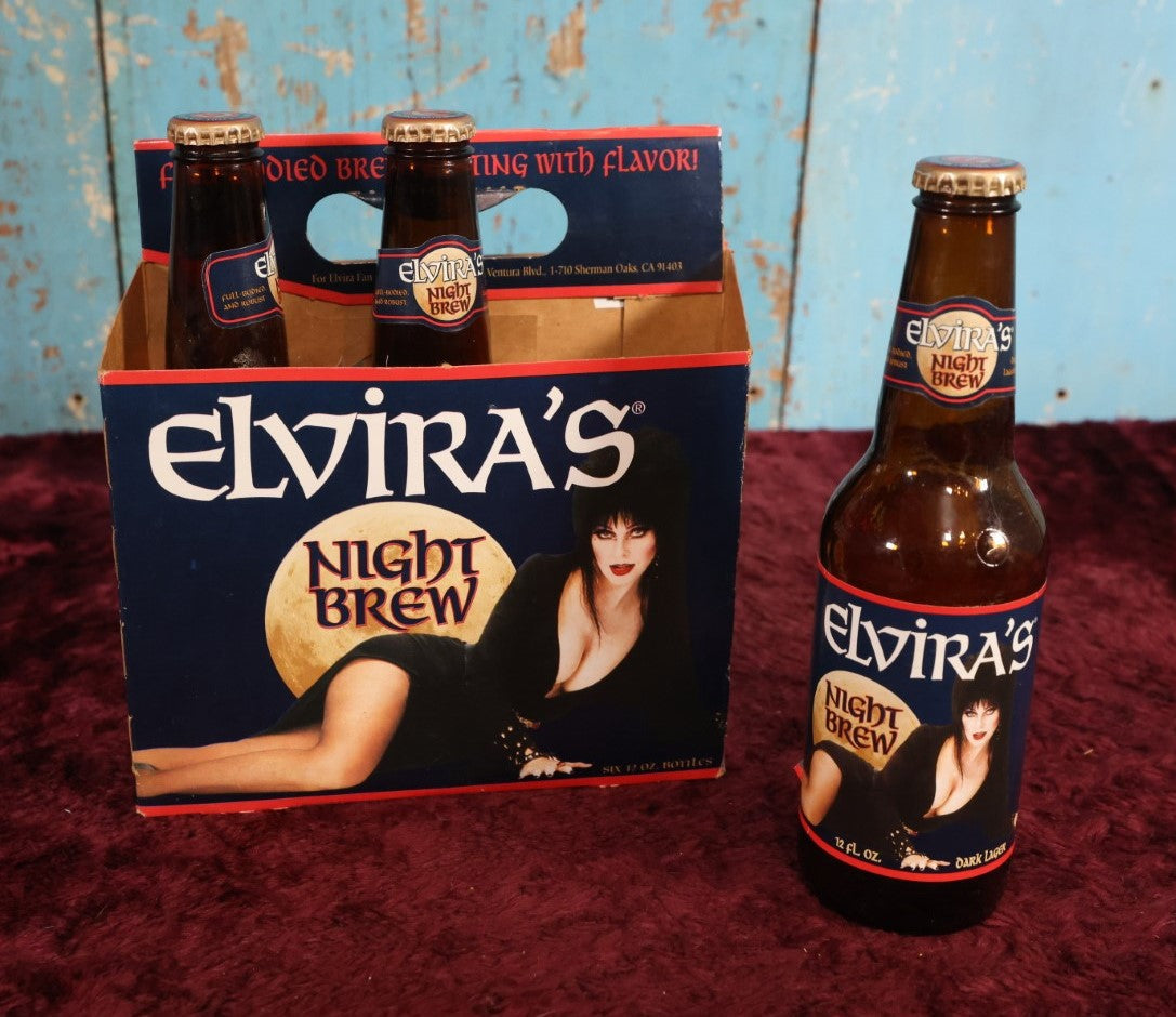 Lot 039 - Vintage 1990s Elvira's Night Brew Beer Six Pack Cardboard Carrier With Three Original Bottles With Caps, Cassandra Peterson, Mistress Of The Dark