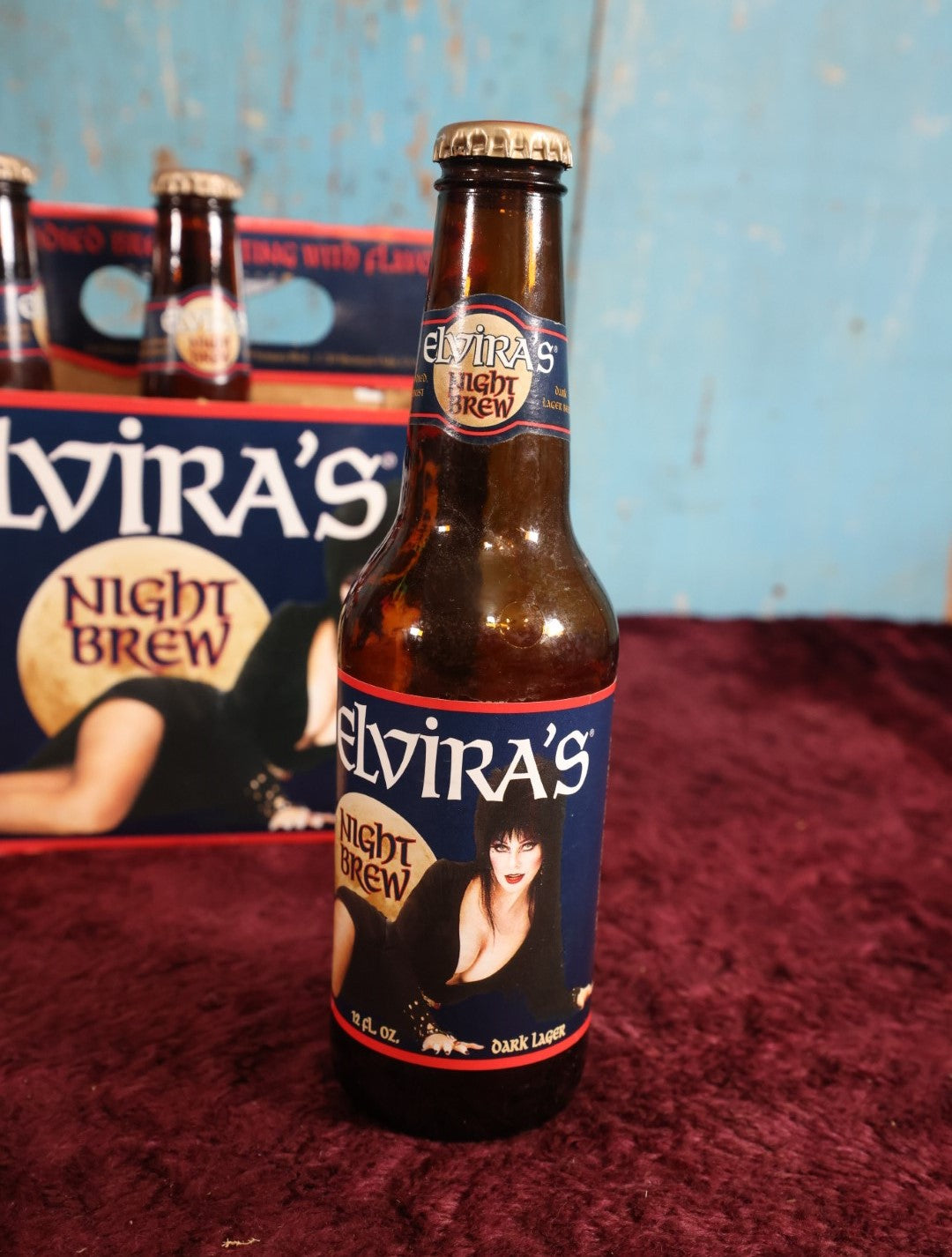 Lot 039 - Vintage 1990s Elvira's Night Brew Beer Six Pack Cardboard Carrier With Three Original Bottles With Caps, Cassandra Peterson, Mistress Of The Dark