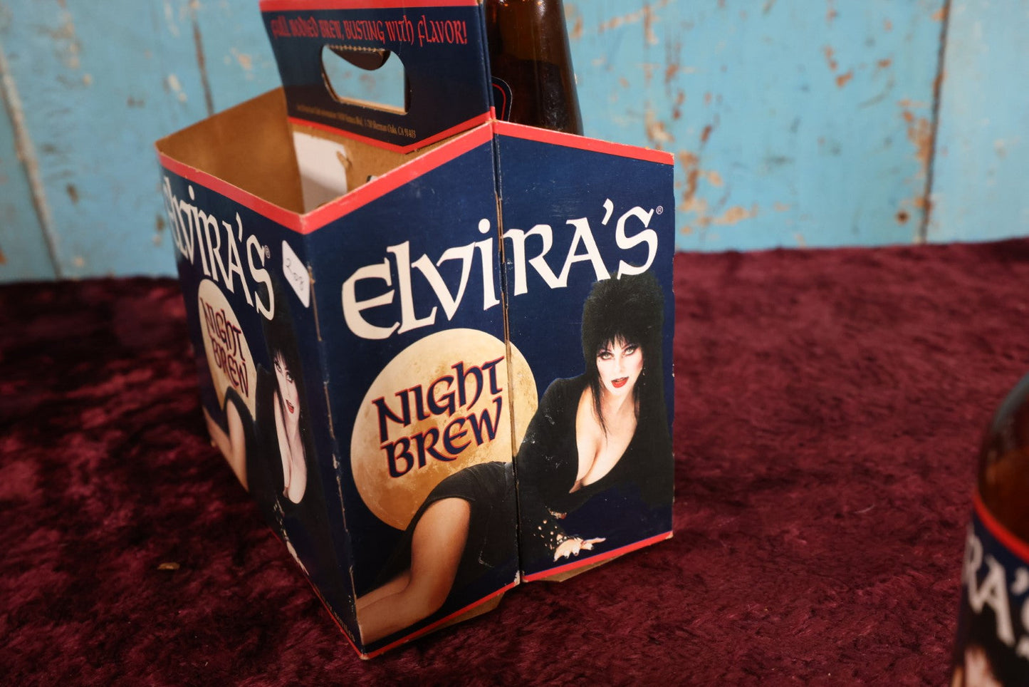 Lot 039 - Vintage 1990s Elvira's Night Brew Beer Six Pack Cardboard Carrier With Three Original Bottles With Caps, Cassandra Peterson, Mistress Of The Dark