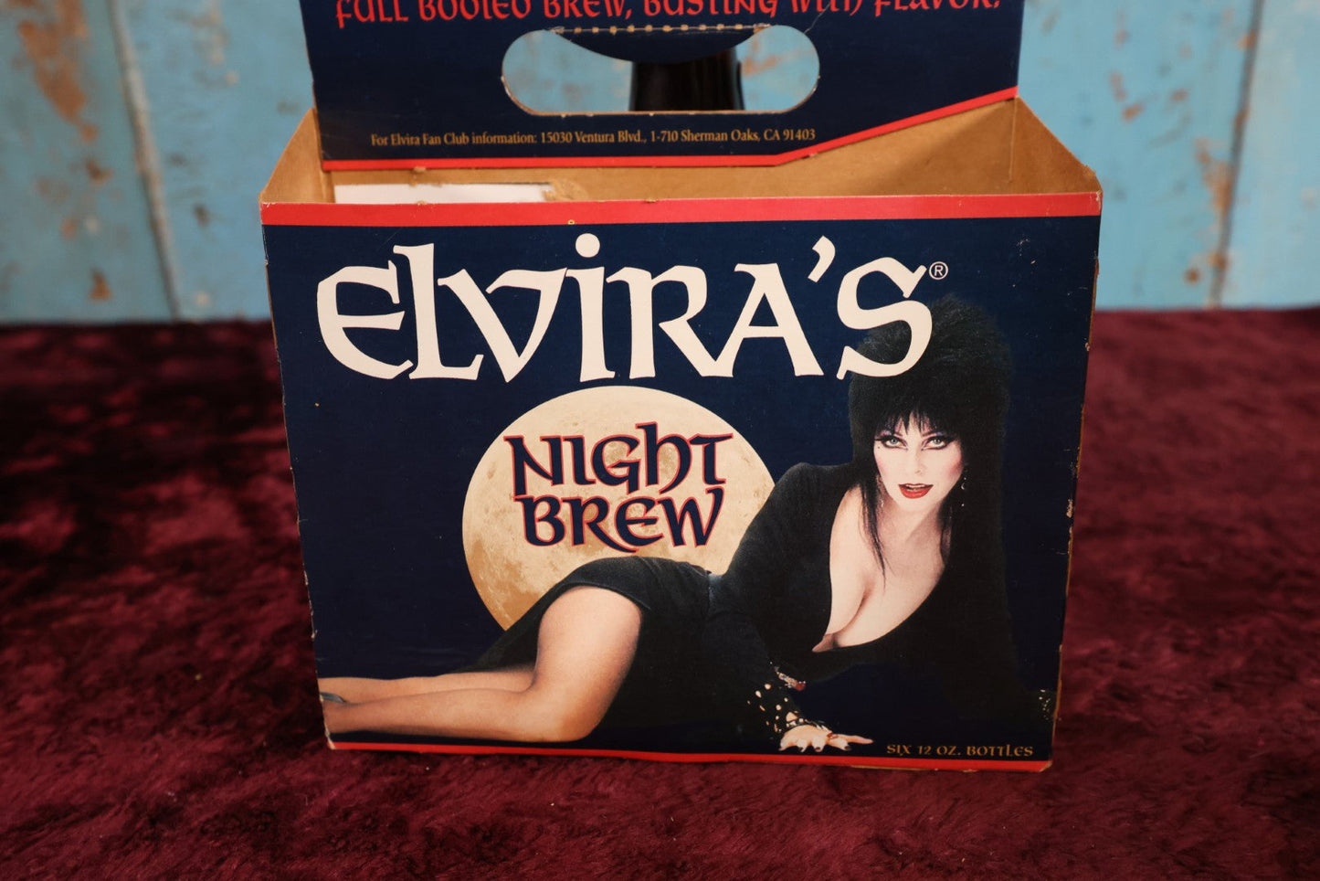 Lot 039 - Vintage 1990s Elvira's Night Brew Beer Six Pack Cardboard Carrier With Three Original Bottles With Caps, Cassandra Peterson, Mistress Of The Dark