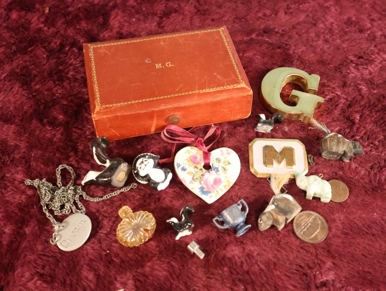 Lot 041 - Miscellaneous Smalls Discovery "Junk Drawer" Lot In Leather Box Marked M.G., Skunks, Coins, And More