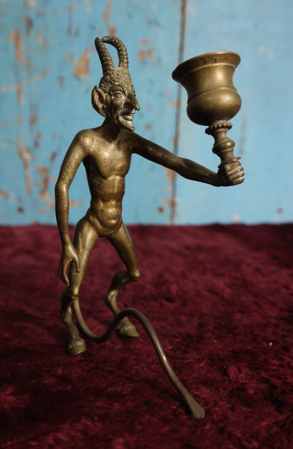 Lot 057 - Antique Bronze Satyr Devil Candlestick Holder, Balancing On Tail, No Maker's Mark