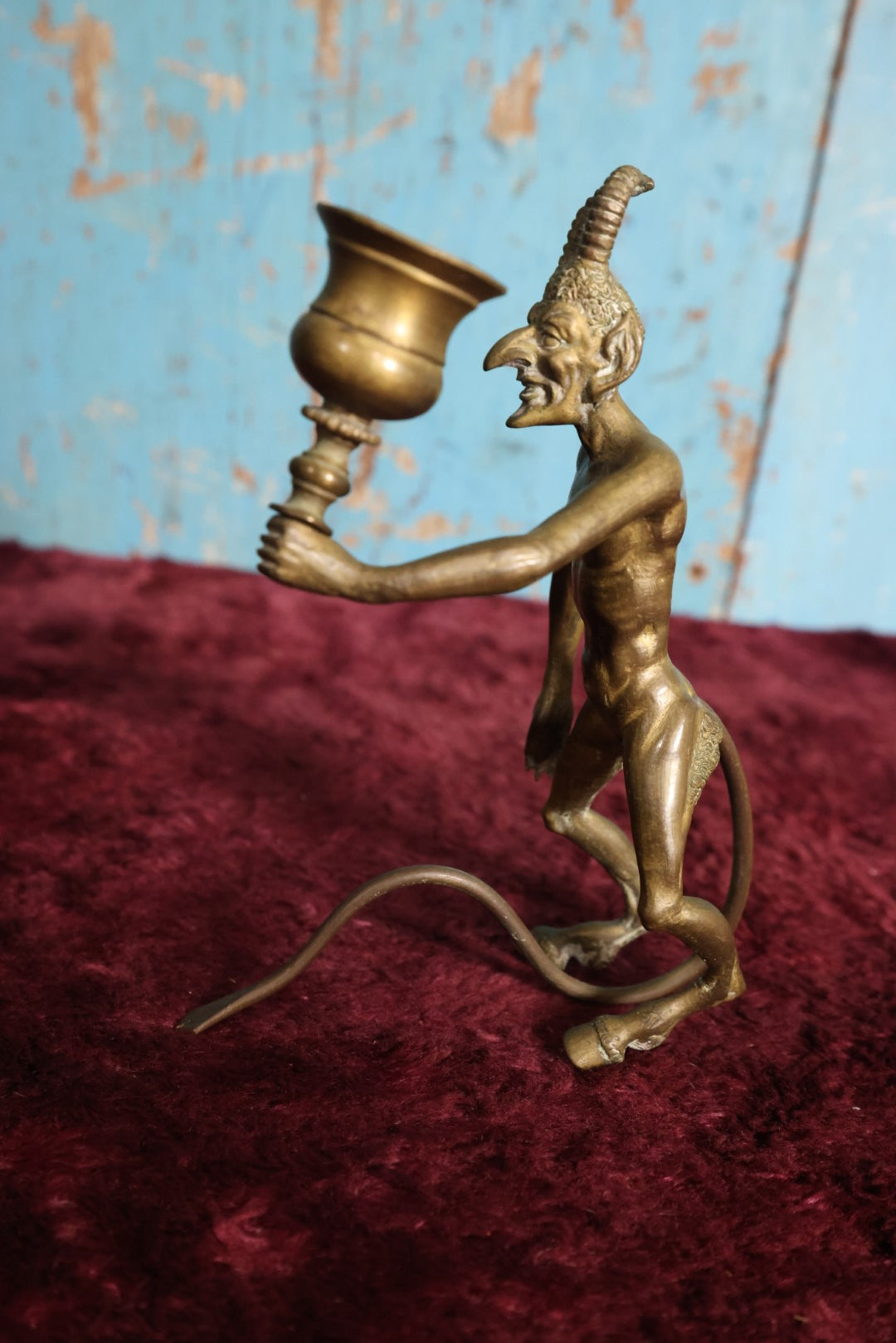 Lot 057 - Antique Bronze Satyr Devil Candlestick Holder, Balancing On Tail, No Maker's Mark