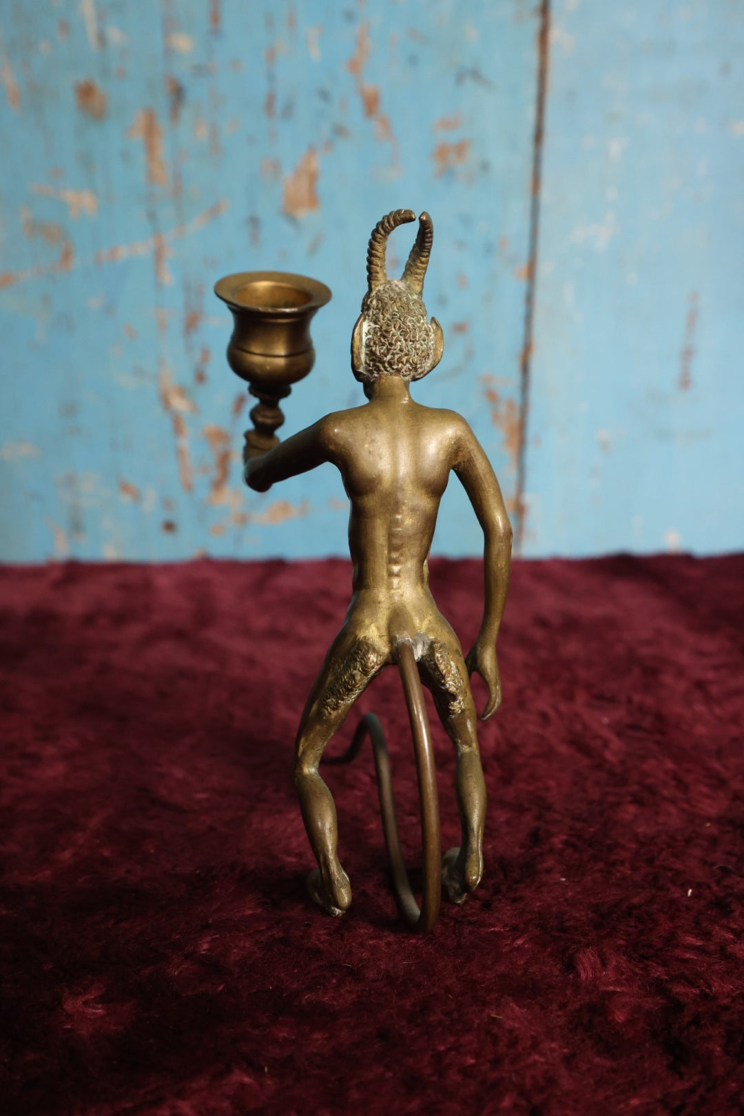 Lot 057 - Antique Bronze Satyr Devil Candlestick Holder, Balancing On Tail, No Maker's Mark