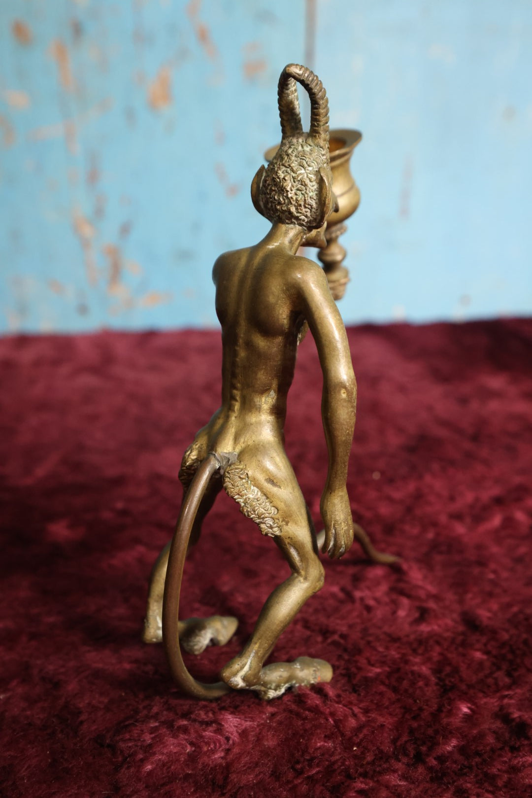 Lot 057 - Antique Bronze Satyr Devil Candlestick Holder, Balancing On Tail, No Maker's Mark