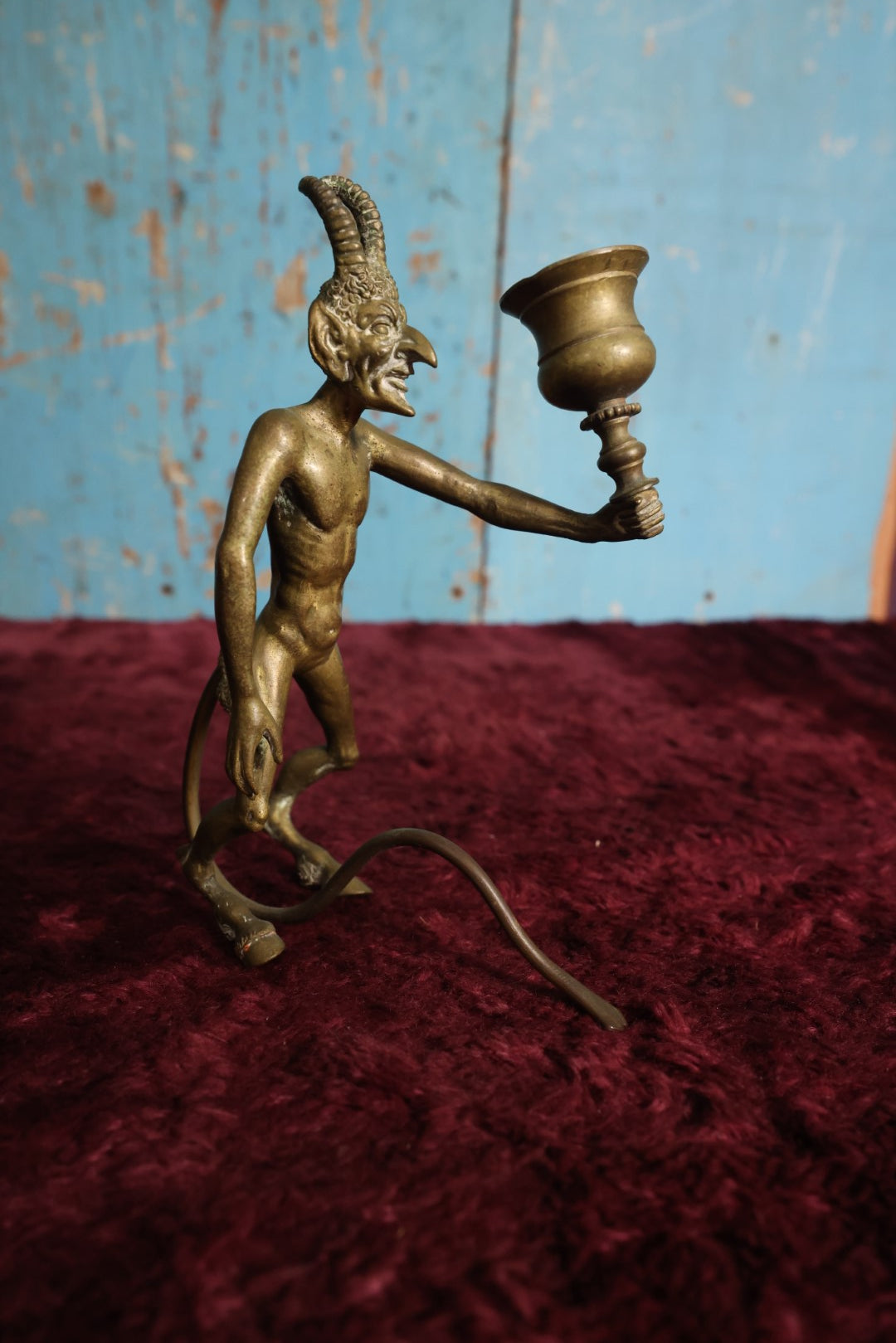 Lot 057 - Antique Bronze Satyr Devil Candlestick Holder, Balancing On Tail, No Maker's Mark