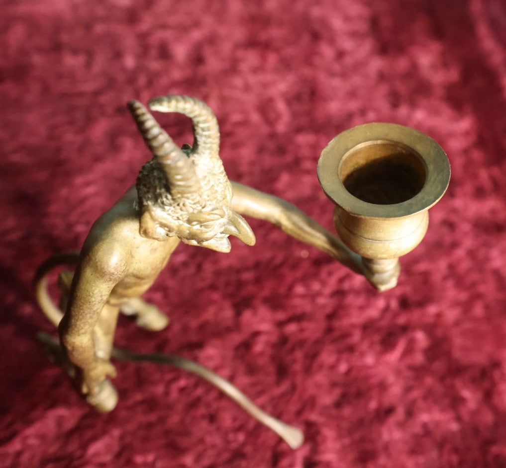 Lot 057 - Antique Bronze Satyr Devil Candlestick Holder, Balancing On Tail, No Maker's Mark