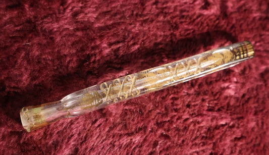 Lot 058 - Antique Lay Flat Perfume Glass Bottle Scent Vial With x Etching Marks, Gold Paint, No Stopper, About 6.5" Long