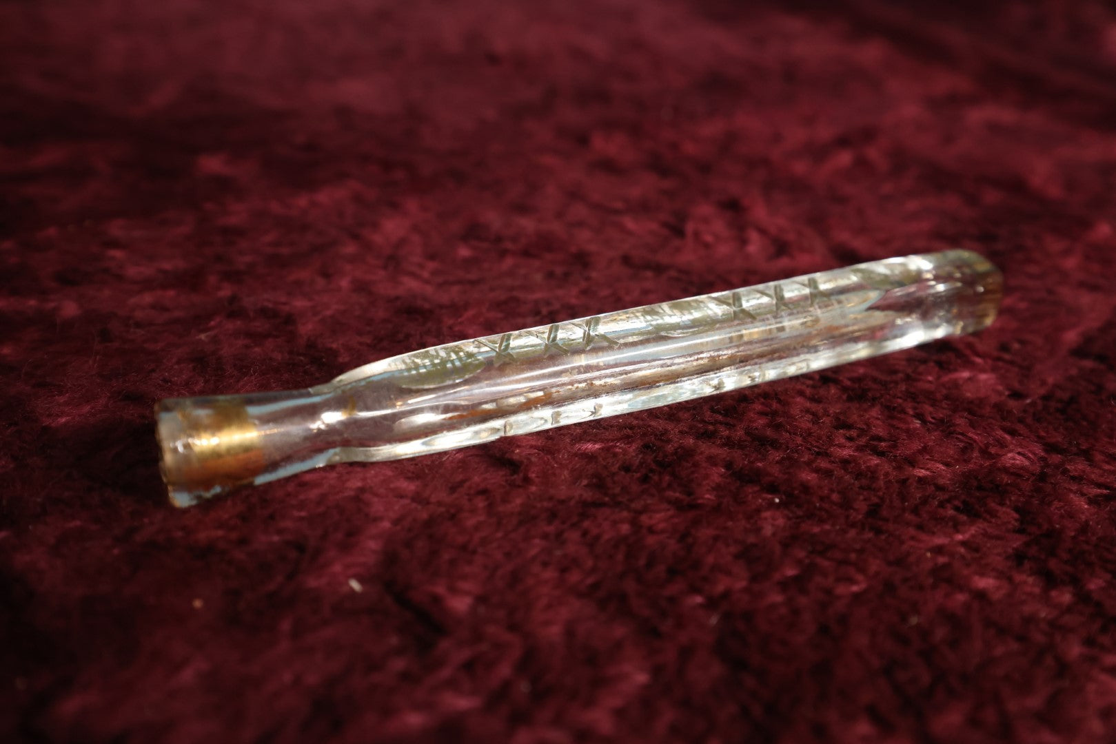 Lot 058 - Antique Lay Flat Perfume Glass Bottle Scent Vial With x Etching Marks, Gold Paint, No Stopper, About 6.5" Long