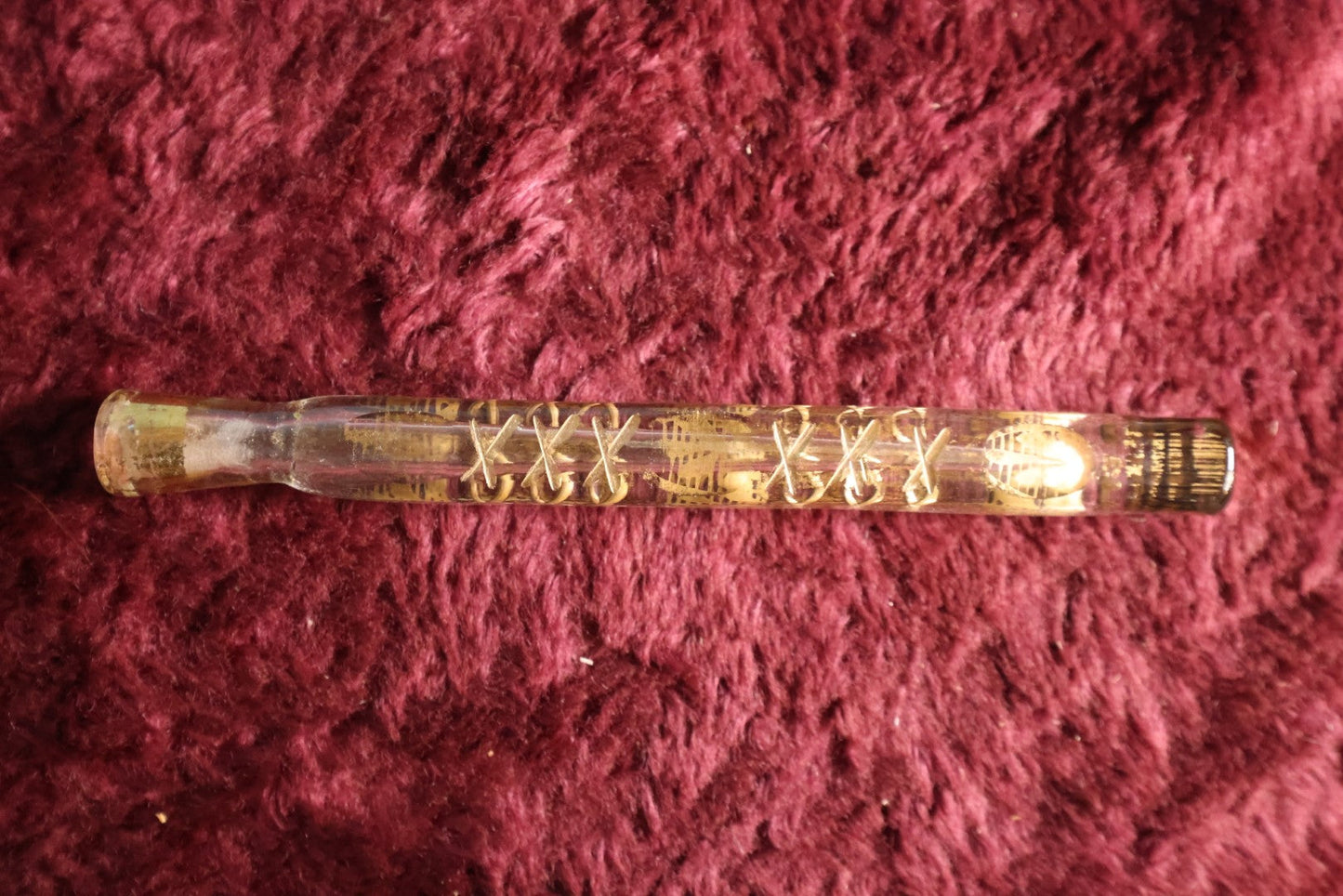 Lot 058 - Antique Lay Flat Perfume Glass Bottle Scent Vial With x Etching Marks, Gold Paint, No Stopper, About 6.5" Long