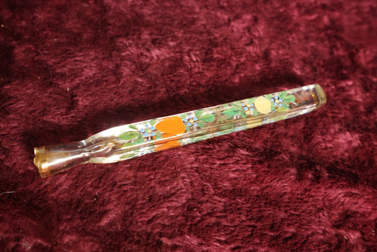 Lot 059 - Antique Lay Flat Perfume Glass Bottle Scent Vial With Hand Painted Colorful Fruits, Plugged With Stopper Stem, About 8" Long