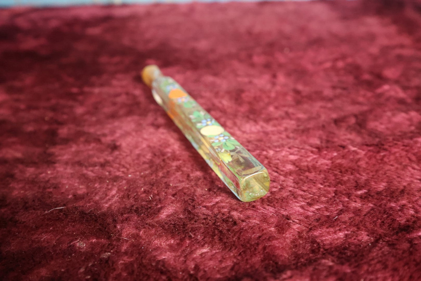 Lot 059 - Antique Lay Flat Perfume Glass Bottle Scent Vial With Hand Painted Colorful Fruits, Plugged With Stopper Stem, About 8" Long