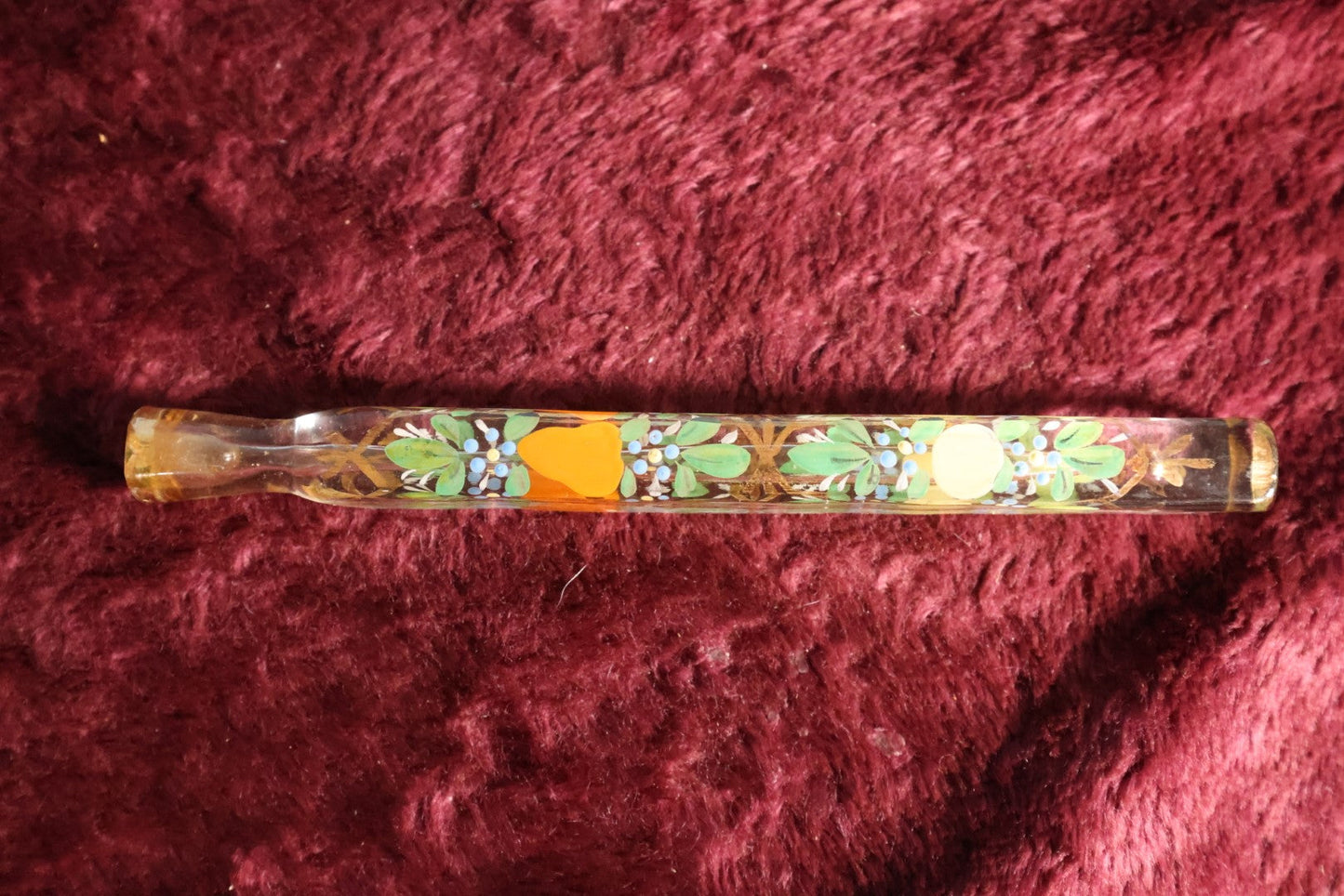 Lot 059 - Antique Lay Flat Perfume Glass Bottle Scent Vial With Hand Painted Colorful Fruits, Plugged With Stopper Stem, About 8" Long